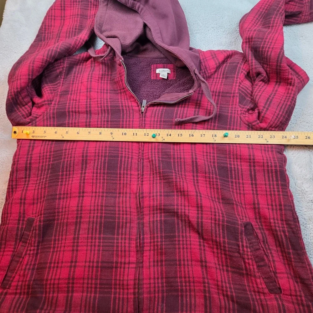 LL Bean Sherpa Lined‎ Flannel Hoodie Mens Large Red Burgundy Plaid Zip Jacket